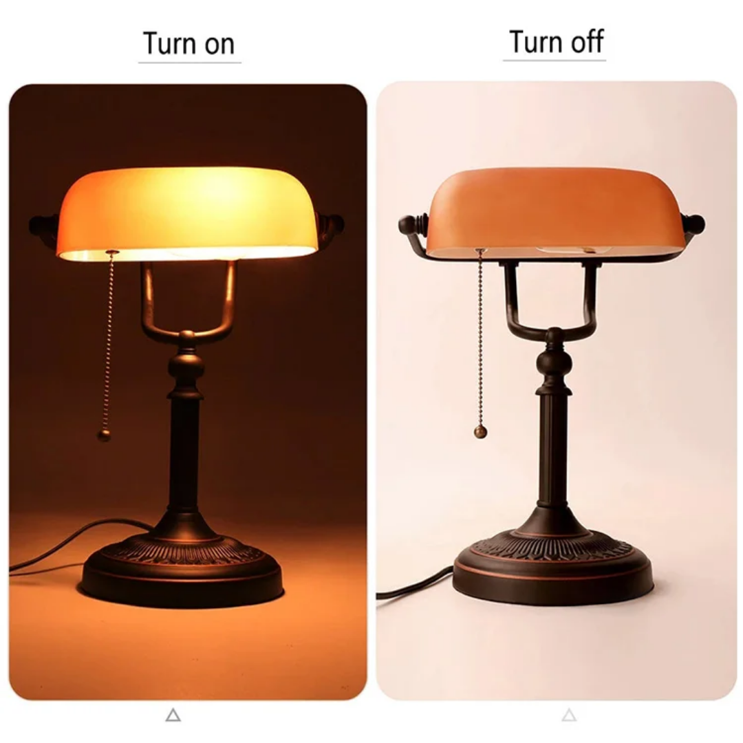 Bankers Lamp with Orange Glass Shade