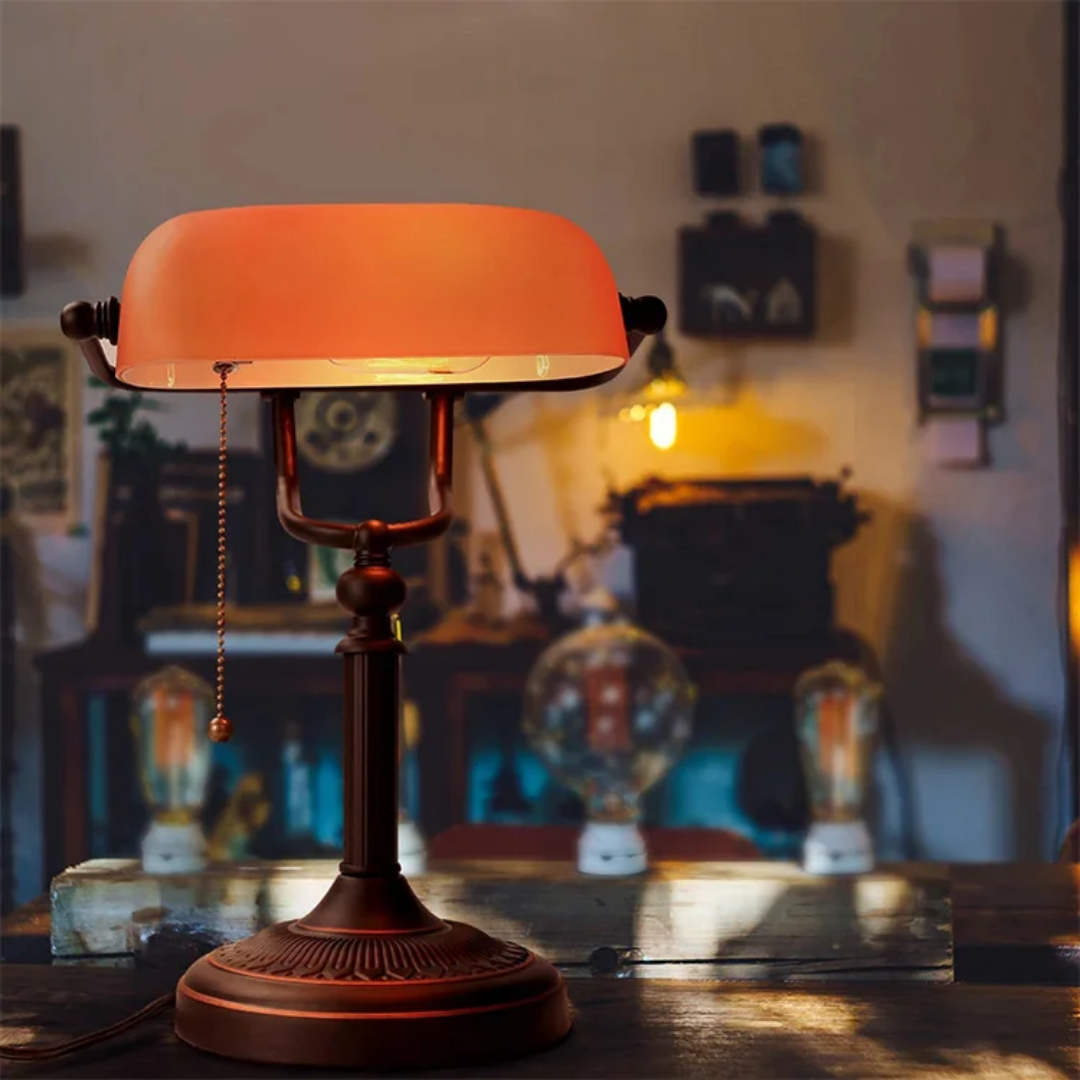 Bankers Lamp with Orange Glass Shade