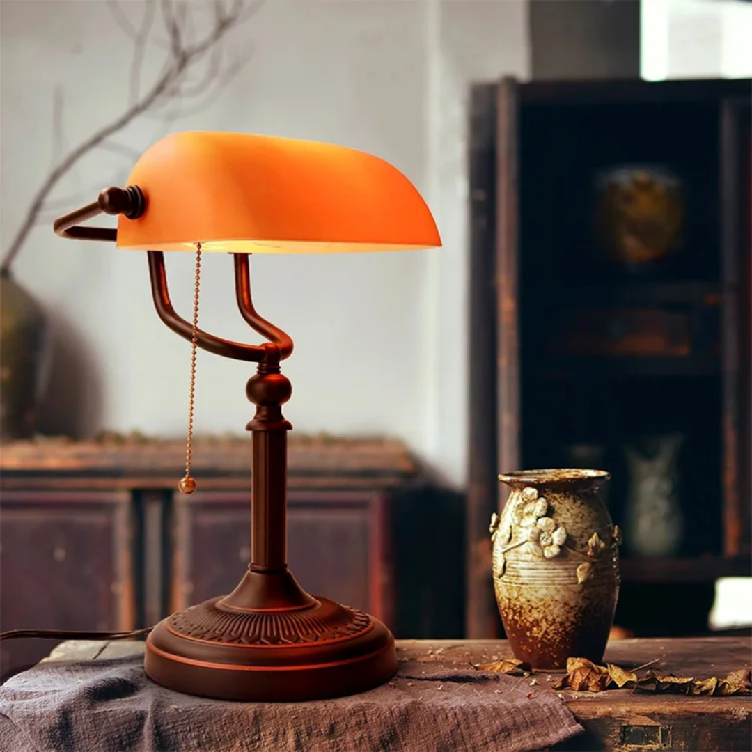 Bankers Lamp with Orange Glass Shade