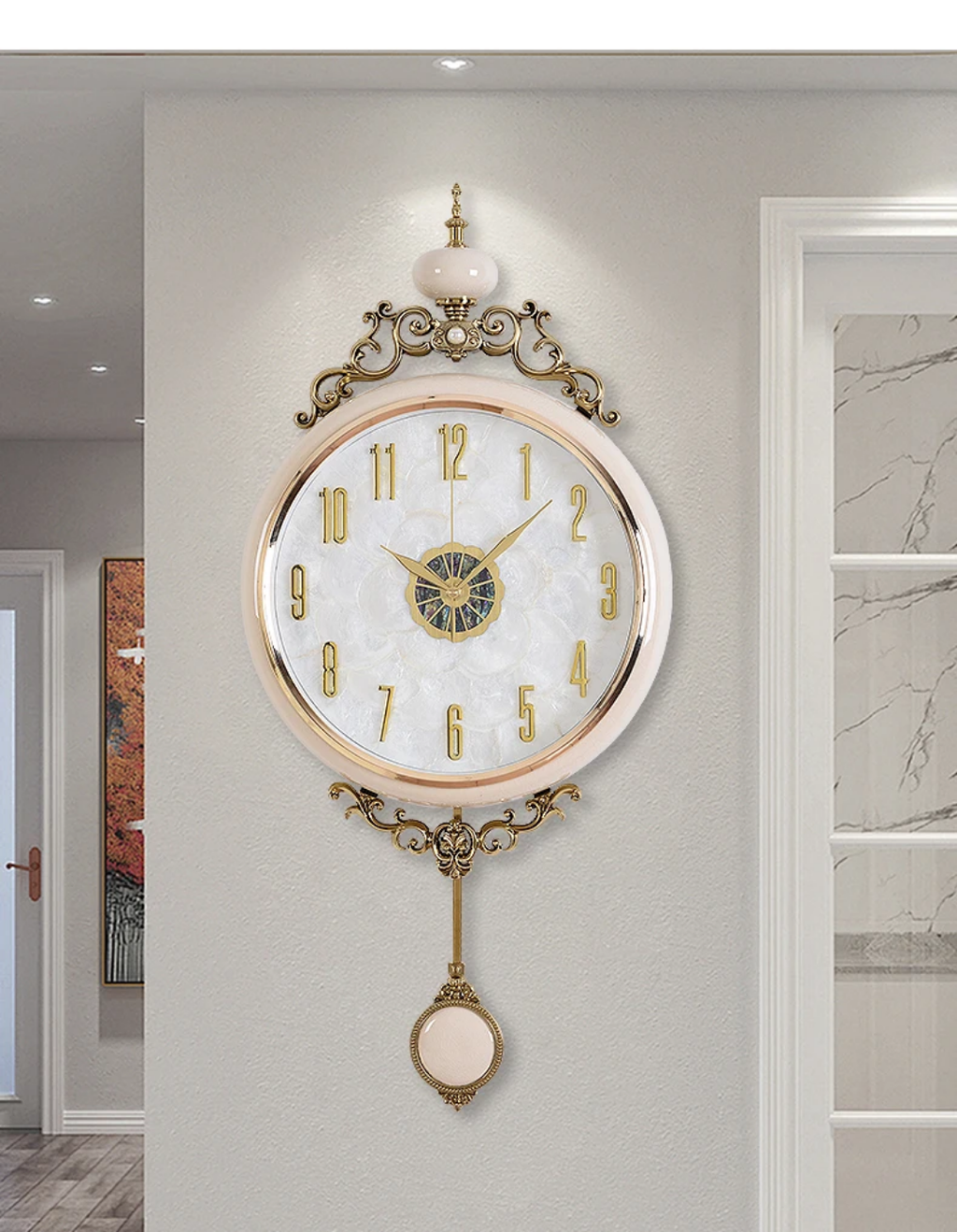 European Style Silent Pendulum Wall Clock - White Frame