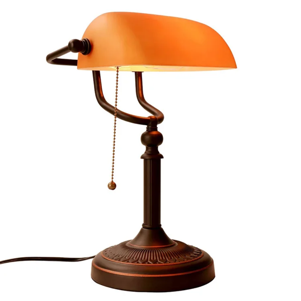 Bankers Lamp with Orange Glass Shade