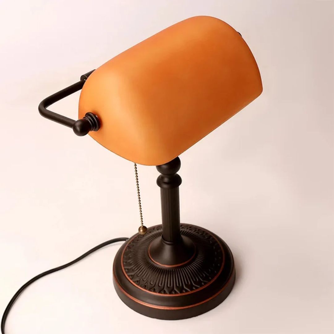 Bankers Lamp with Orange Glass Shade