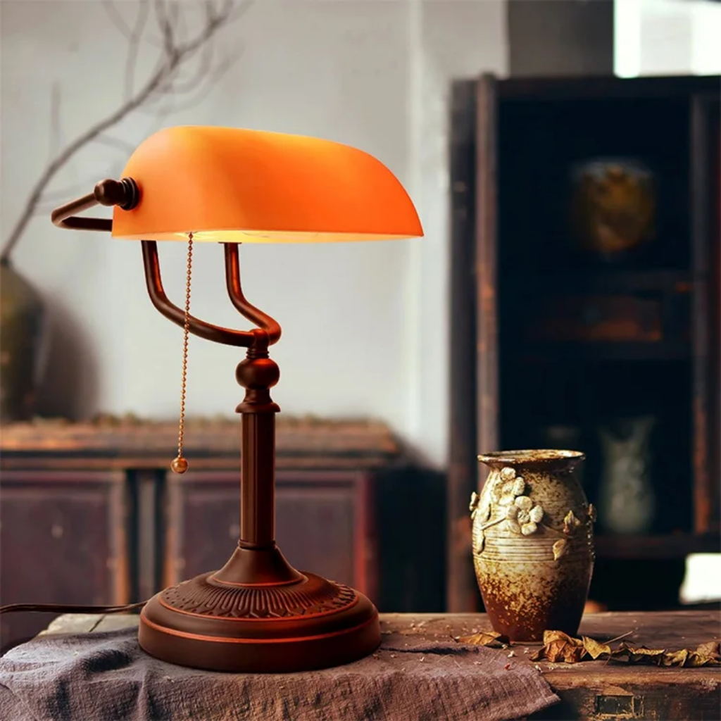 Bankers Lamp with Orange Glass Shade